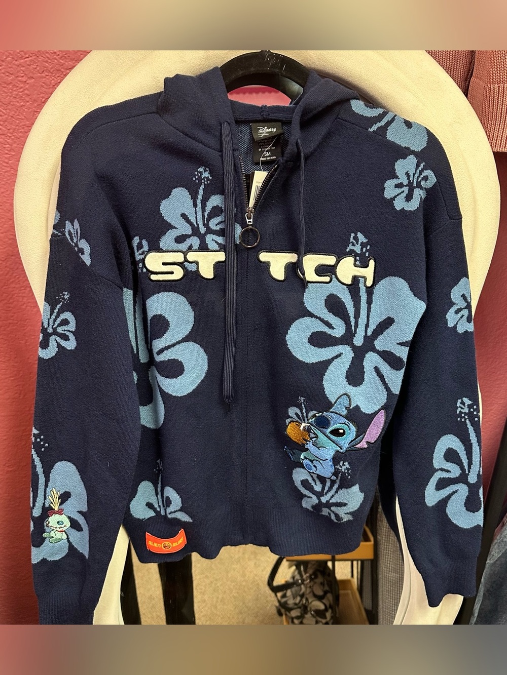 Disney Her Universe Navy and Light Blue Stitch Hibiscus Zip Sweater Hoodie NWT
